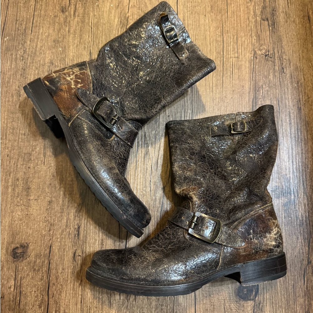 Frye Slouchy Brown Distressed Leather Harness Boots